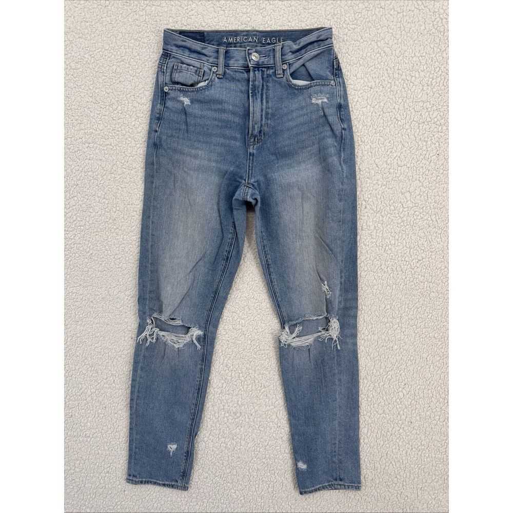 American Eagle Mom Jeans Women Size 00‎ Regular Blue Distressed Destroyed